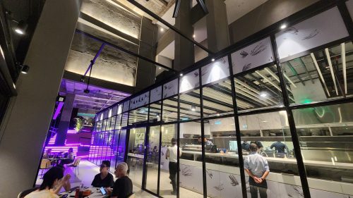 a group of people in a restaurant